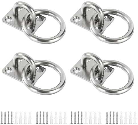Jesustree Placca Occhiello in Acciaio Inox, 4 Pezzi M6 Gancio per Soffitto con Anello e Vite, Gancio Muro Quadrati Piastra per Occhi in Metallo per Swing, Tenda da sole, Amache, Yoga