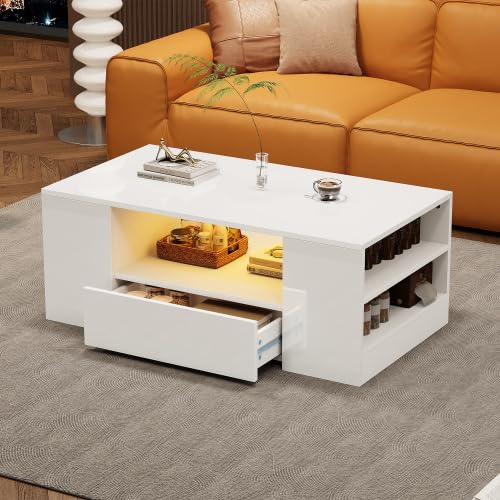 Merax Moderner Couchtisch Weiß mit LED-Beleuchtung, 2 Schubladen & 2 Regale, Hochglanz Wohnzimmermöbel, 95x53x37 cm, Beistelltisch für Sofa und Wohnzimmer