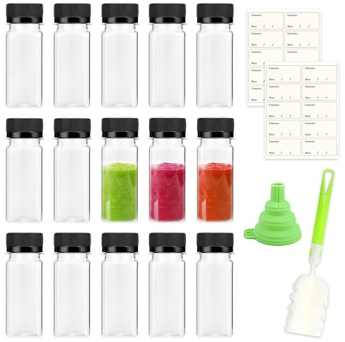 HMCEY 15 Piezas Botellas de Plastico Pequeñas 60 ML,Shots Botellitas Jengibre para Rellenar con Embudo, Cepillo y Pegatinas,Ginger Shot Bottle,Botellas Transparentes de Zumo para Bebida, Miel, Aceite