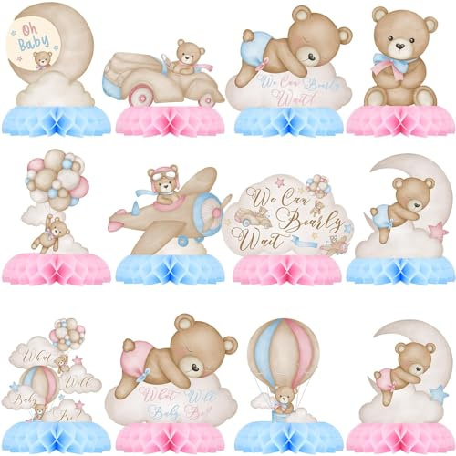 12 Stück Gender Reveal Party Deko Honeycomb Tischdeko Bär Set Blau Rosa, Babyparty Tischdeko Junge Mädchen, Baby Shower Boy or Girl, Bienenwaben Tischaufsätze, We Can Bearly Wait What Will Baby Be