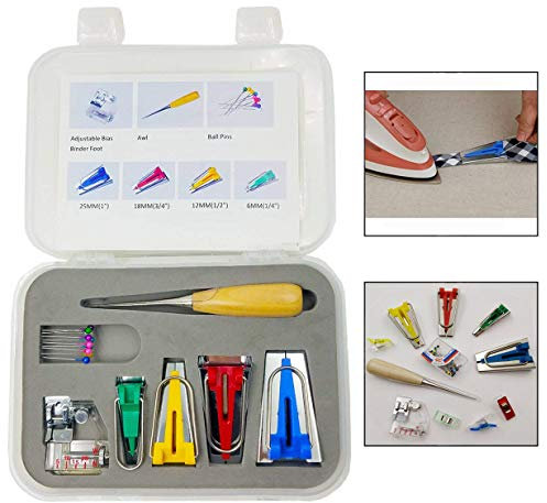 Xrten 7 Stücke Stoff Bias Tape Maker Werkzeug,Schrägbandformer Set mit Bindung Nähfuß,Quilten,Ahle,Ball Pins