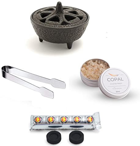 Kit bruciatore di incenso con ciotola in ghisa + barattoli di incenso fresco da 30 ml + pinze in acciaio inox (copale)