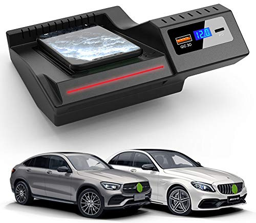 Kabelloses Ladegerät Auto für Mercedes-Benz C-Class GLC 2020 2019 2018 2017 2016, 15W Wireless Schnell-ladegerät mit QC3.0 USB Port und 18W PD Port für iPhone Samsung Jedes Qi-Telefon