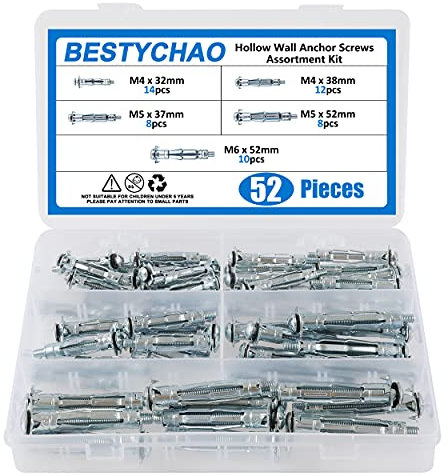 BESTYCHAO 52pcs Heavy Duty Zinc Plated Steel Hollow Wall Anchor Screws Set, Molly Bolt Hollow Drive for Drywall M4 M5 M6 Assortment Kit