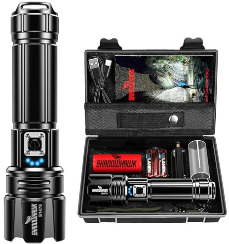 Shadowhawk Lampe Torche LED Ultra Puissante, 500000 Lumens Lampe de Poche Rechargeable, Lampe Tactique XHP70.2, IP67 Étanche 5 Modes D'éclairage pour Camping Randonnée Urgence (avec batterie)