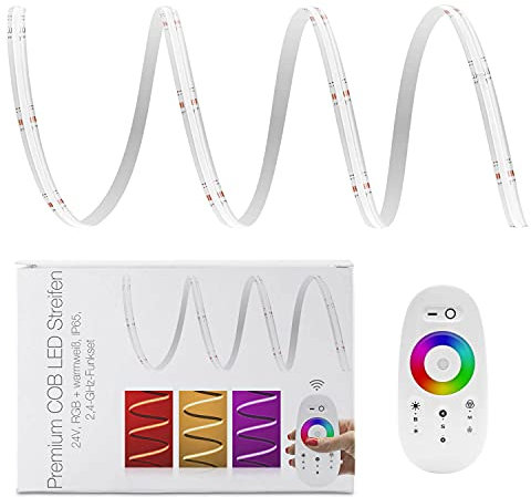 LED Universum COB LED Streifen Set RGB-W mit Funkfernbedienung weiß, Controller & Netzteil Band Strip Premium Filament 24V LED Streifen IP65 RGB-WW bunt (6 Meter)