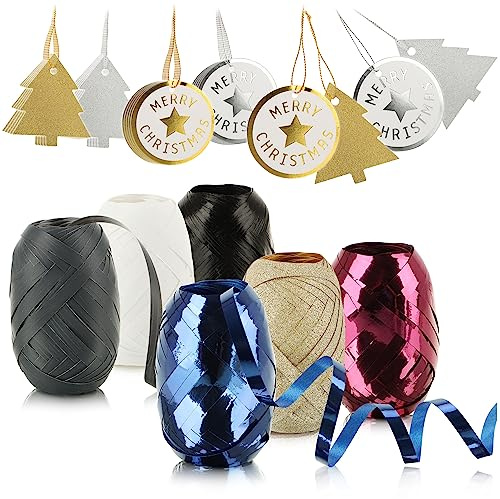 com-four® 30-teiliges Verpackungsdekoset, Geschenkbänder | Deko-Ringelbänder und Anhänger zum Beschriften