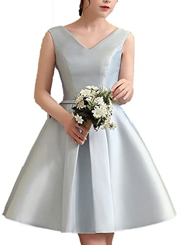 Damen Elegant Kleider Abendkleid Vintage One Shoulder Solides Brautjungfernkleid Mit GüRtel Vintage äRmellos Faltenrock Festlich Knielang Partykleid (S,Silber)