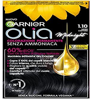 Garnier Olia Midnight Tinta Capelli, Colorazione Permanente Senza Ammoniaca, Fragranza Delicata, Copre il 100% dei Capelli Bianchi, Con Oli di Fiore di Origine Naturale, Formula Vegana, Nero Zaffiro
