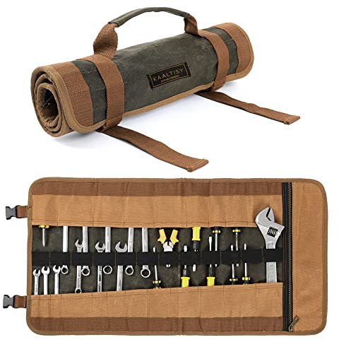 Werkzeugrolle, 23 Taschen Werkzeug Rolltasche, Heavy Duty 16OZ gewachstem Segeltuch Werkzeug Roll Up Bag (66cm x 33cm) - Portable Tool Roll Organizer mit Schnallen und Griff (Armeegrün)