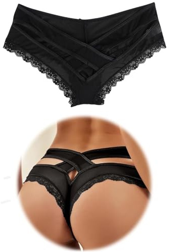 comeondear Sexy Knickers for Women, Back Hollow Out Thongs Silky Brazilian Knickers Stretchy Panties Lace Trim Underwear Valentines Lingerie Plus Size 12 14, Black