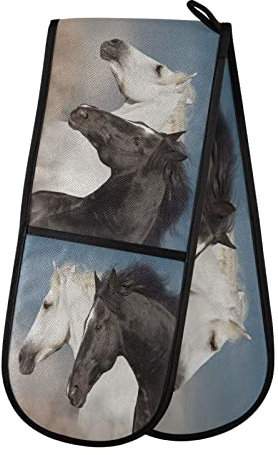 Doppelter Ofenhandschuh, schwarz-weißes Pferd, hitzebeständig, Doppel-Ofenhandschuh, moderne Kochhandschuhe Topflappen