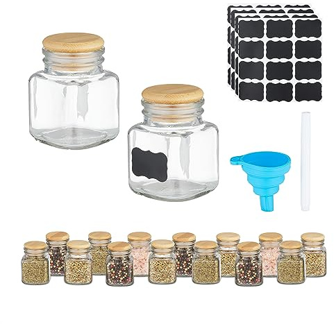 Relaxdays Gewürzgläser 16er Set, eckig, Gewürzdosen Glas, 100 ml, mit Etiketten, Stift & Trichter, transparent/Natur, Bambus, Silikon