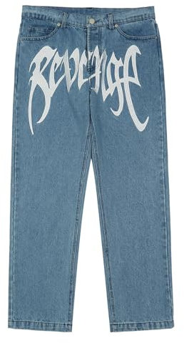 Baggy Jeans Herren Y2K Mit Print Hip Hop Gerades Bein Gewaschene Jeans Vintage Pants Breite Hose Mit Schrift Vorne Loose Fit Schwarz Jeanshose Freizeithose für Männer Jungs
