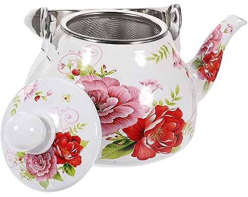 MAGICLULU Emaille Teekessel Mit Sieb Teekanne Für Herd Teekanne Für Losen Tee Rostresistent Mit Blumenmuster Für Küche Und Büro 19.00 X 13.50 X 13.50 Cm