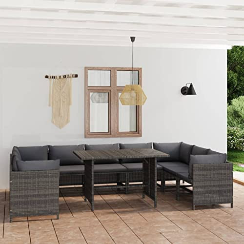 Gecheer Gartenmöbel 10-TLG.Garten-Lounge-Set mit Kissen Garten Garnitur Sitzgruppe Sofa Lounge Sitzgarnitur Gartenset Ecksofa Mittelsofa Gartensofa Poly Rattan Grau