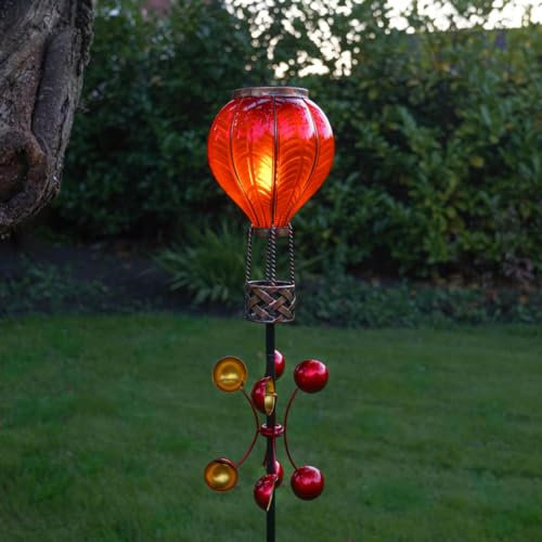 Festive Lights - 1.15m Red Solar Hot Air Balloon Wind Spinner Stake Light - 20 Amber LED, Flickering Flame Effect, Weather-Resistant - IP44 Outdoor Garden Ornament with Sturdy Double Ground Base