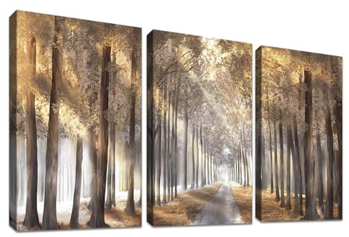 3 Pcs Sonniger Waldbaum Mit Rahmen Leinwand Bilder Abstrakte braune Wälder Bild auf Leinwand Malerei Poster Wandbilder Wanddeko Gaststätte Wohnzimmer Schlafzimmer Dekorationen 90x40cm (12x16x3pcs)