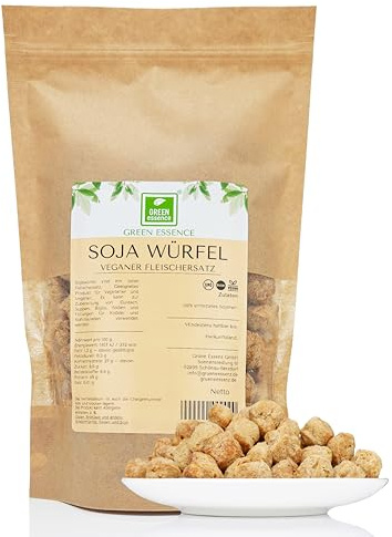 Sojawürfel 500g Fleischersatz Schnitzelchen Sojaschnetzel von Green Essence | Würfel Fleischersatz Soya Chunks, kleine Würfel aus Sojamehl, ideal für Gulasch vegan Hackfleisch, Soja Geschnetzeltes, 500 g