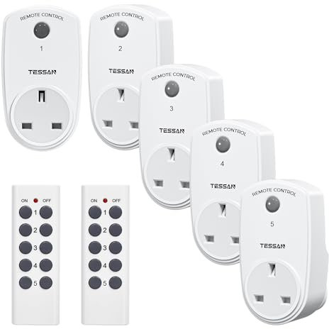 Remote Control Plug Sockets UK 5 Pack, TESSAN Wireless Electrical Plug Switch with 30m Operating Range, Programmable Remote Socket Switch Work for Household Appliances