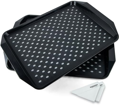 KAQAHIDO Large Non Slip Serving Tray with Grippy Dots, TV Lap Trays for Eating on Couch, Meal Serve for Dinner Breakfast, Rectangular Food Carrying for Plates, Glasses, Dishes, Set of 2, Black