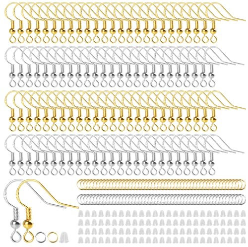 300 Stück Ohrringe Selber Machen Set, Ohrring Haken, Silber 925 Ohrringe | Hypoallergene Ohrringe Basteln, Ohrhaken mit Durchsichtigen Gummi Ohrstopper Und Spule (Silber/Gold)