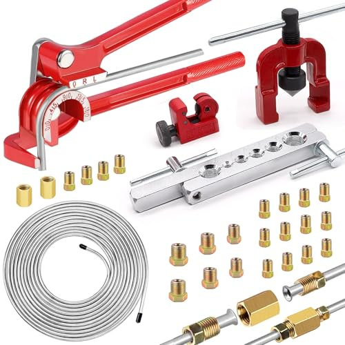 mxuteuk 26Pack 3/16 Inch Brake line kit Include 25 FT Zinc-Plated Brake Lines with Fitting(16pcs Fittings,2pcs Union+4pcs Nut) Brake line Bender,Single Flare Tool,Cutter 3/16 Inch Brake line kit