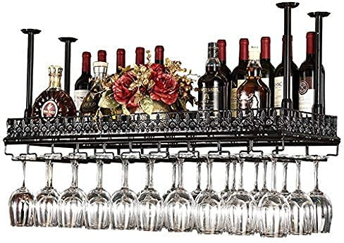 European Style Metal Hanging Wine Glass Rack with Beer Bottle Shelf Black 120 * 35cm