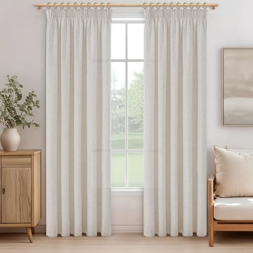 MRTREES Gardiner med veckband, Stores, gardiner, halvtransparent linne, elfenbensvit, gardiner för barnrum, lantlig stil, 245 cm långa, 140 cm breda, 2 stycken