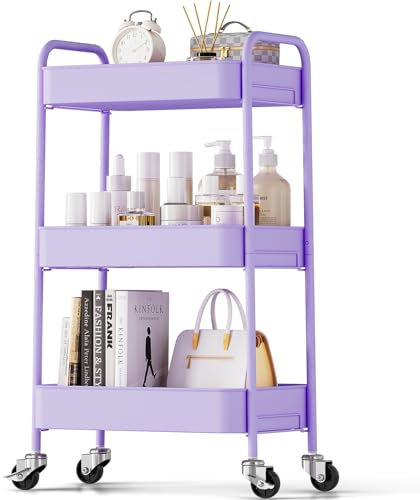 KINGRACK 3 Tier Metal Storage Trolley on Wheels, Beauty Book Craft Tea Art Trolley for Home Bathroom Kitchen Laundry, No screws needed Easy Rolling Utility Cart Mobile Storage Shelving Organizer