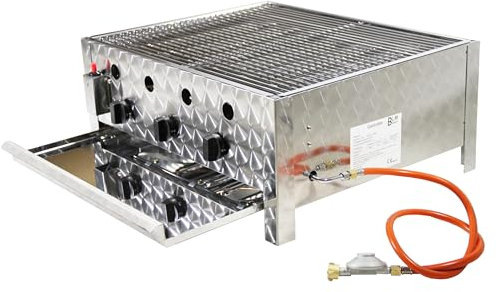 Edelstahl Gasbräter Gasgrill 10 kW fahrbar – 3-flammig mit Grillpfanne, Gestell, Gasschlauch & Druckminderer – Profi Gastro & Camping (Set 4 – Gasbräter B01 + Pfanne G02+ Grillset G03)