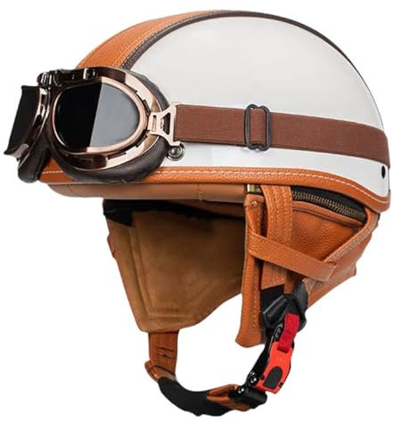 Vintage Motorradhelm Open Face Leder-Helm Winddichter Motorrad Roller Helm Mit Brille Jethelm Straßenhelm Für Damen Und Herren ECEDOT Zertifizierung Halbschalenhelm 1,XL:61-62CM