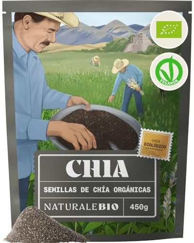 NaturaleBio Semi di Chia 450g. Semi di chia biologici per la perdita di peso e per la salute dell'apparato digerente. Ricchi di omega-3, antiossidanti e minerali. Supportano cuore, ossa e muscoli.