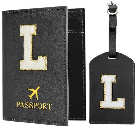 PATIKIL Pochette Passeport avec Étiquettes à Bagage, Modèle Lettre L Protège Passeport en Cuir PU pour Protection Identificateur Accessoires de Voyage Valise Cartes D'embarquement, Noir