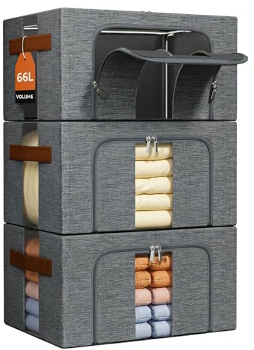 NiuBeBe Kleiderboxen Aufbewahrung Mit Metallrahmen: Stapelbar Grau 3x66L | Faltbar Aufbewahrungstasche mit Deckel für Kleiderschrank Organizer Storage Pullover Saisonkleidung Bettwäsche
