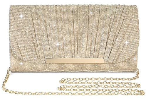 Fjquamitix Pochette pour femme, élégante pochette de soirée avec chaîne amovible, paillettes, pour mariage, bal, fête, sac à main glamour spacieux avec chaîne bandoulière, champagne, 20cm*5.5cm*10cm