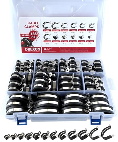 135PCS Cable Clamps Assortments Kit, 12 Sizes from small hose clamps 1/4, 3/8 to 5/8 & 1-3/4 large Stainless Steel Rubber Coated Insulated Cable Clamps for Metal Wire, Cable, Pipe, Hose,Fuel line
