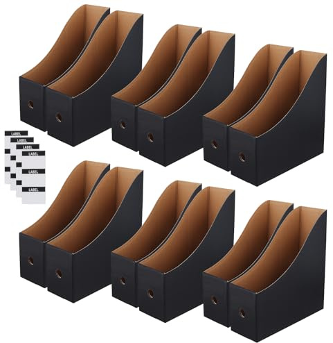 JEUIHAU Zeitschriftensammler aus Karton, Zeitschriftenhalter mit Etiketten, schwarzer Karton, Zeitschriften-Organizer für Büro, Zuhause, 26 x 9 x 27 cm, 12 Stück