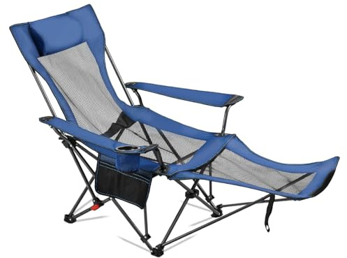 VEVOR Sedia da Campeggio Reclinabile, 4 Posizioni Regolabili, Sdraio Pieghevole Portatile per Adulti, in Rete con Poggiapiedi e Poggiatesta, Supporta 99,8 kg, Sedie da Campeggio per Patio, Blu