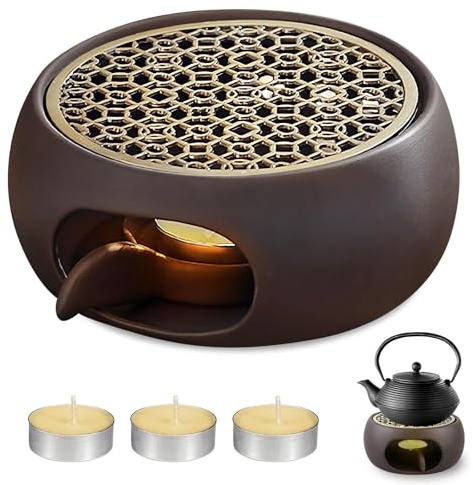GOMETY Stövchen für Teekanne, Keramik Teewärmer mit Kerzenhalter Teekannenwärmer Kaffeewärmer mit Teelichthalter Kerzenhalter & 3 kleinen Kerzen Stövchen Teekanne Wärmer für Kaffee Tee Milch (Bronze)