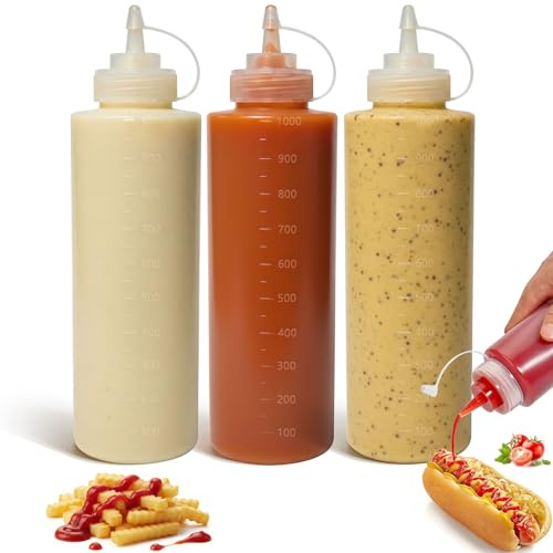 OAMCEG 3 Stück Squeeze Flasche 1000ml, Plastik Quetschflasche für Saucen,Öl | 32oz Saucenflasche, Squeeze Bottle, Spritzflasche mit Kappen & Skala, Dosierflasche für Ketchup, BBQ Saucen, Sirup, Gewürze