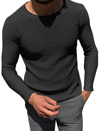 Herr Slim Fit-tröja - Vintervarm rund hals långärmad pullover, finstickad mjuk stickad tröja jacka, ledig rund hals jumper för män, Svart, M