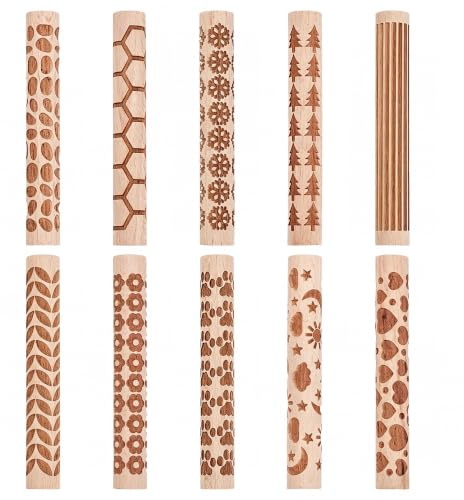 UNICRAFTALE 10 Stück 10 Stile Holz Texturwalzen Set Für Töpferkeramik Stempelroller Werkzeuge 10,2 cm Länge Modellierwalzen Musterwalzen Kit Für DIY Bastelbedarf