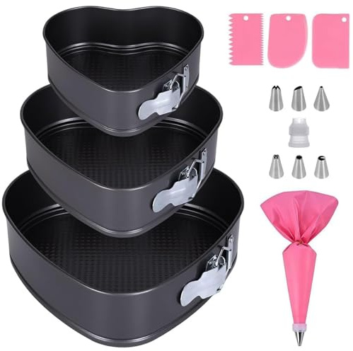 COEWUR 3 Pcs Heart Shaped Cake Tin with Piping Bags and Nozzles Set | 20/22/24cm Cake Tins for Baking Cheesecake Tin, Carbon Steel Baking Pan Cakes with Loose Base Easy Cleaning Food-Grade Coated