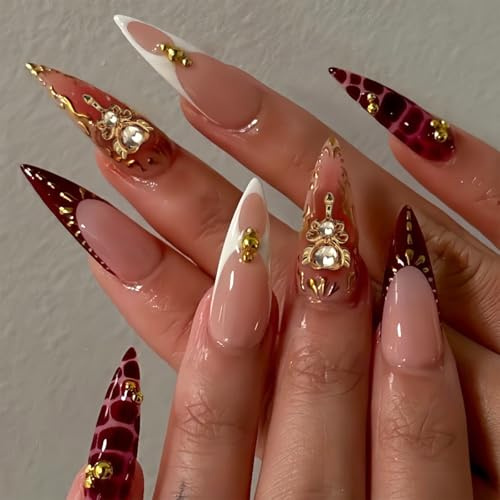 TESGADGETS 24 Stück Künstliche Fingernägel zum Aufkleben, lange Stiletto-Mandelform mit Goldperlen und 3D-Strasssteinen, handgefertigt, für Damen und Mädchen