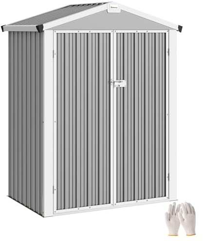Outsunny Casetta da Giardino 1.1m² in Acciaio Zincato, Capanno da Giardino con Doppie Porte Larghe Bloccabili, Tetto Inclinato, Guanti, Capanno Porta Attrezzi, 133x87x178 cm, Grigio Argento