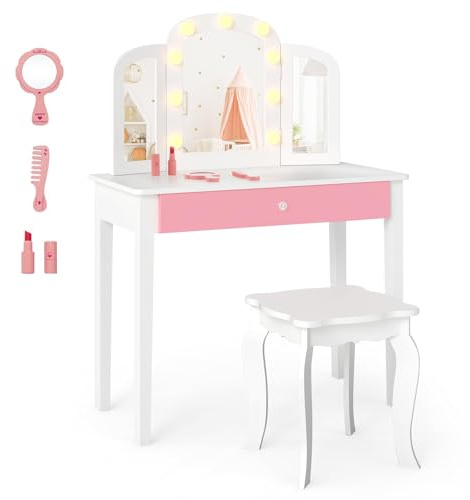COSTWAY 2 in 1 Schminktisch Kinder mit Beleuchtung, Frisiertisch mit Hocker, Schublade, klappbarem & 3 farbigem Spiegel, Prinzessin Kosmetiktisch, Schminkkommode für Mädchen ab 3 Jahren (Weiß)