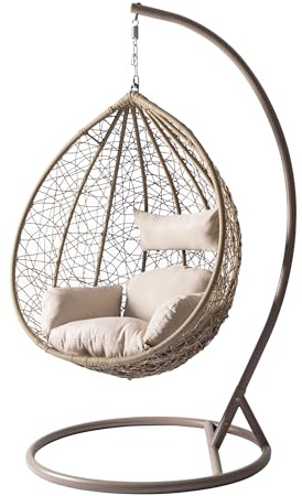 Mirjan24 Hängesessel mit Gestell und Kissen Savona, Outdoor Hängestuhl Hängekorb Hängesitz Stahlskelett (Beige/Beige)