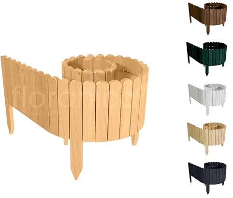 Floranica Rasenkante Höhe 20 cm Natur 200 cm Lang Gartenzaun Flexibler Holzzaun Gartendeko Gartenpalisade für Beeteinfassung, Mähkante Rollborder, Steckzaun Blumenbeet Umzäunung für Garten
