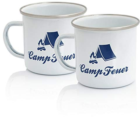 CampFeuer Emaille Tasse (2 Stück) | 350 ml - weiß | Emaillebecher mit Edelstahl Trinkrand | Emaille Becher, Camping Kaffeebecher Metall, Outdoor Tasse | Camping Zubehör